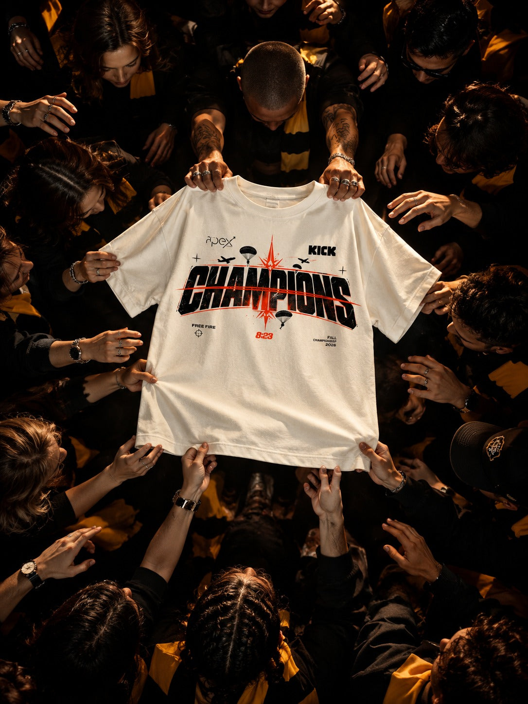 Fans reaching for the Champions Tee held up overhead