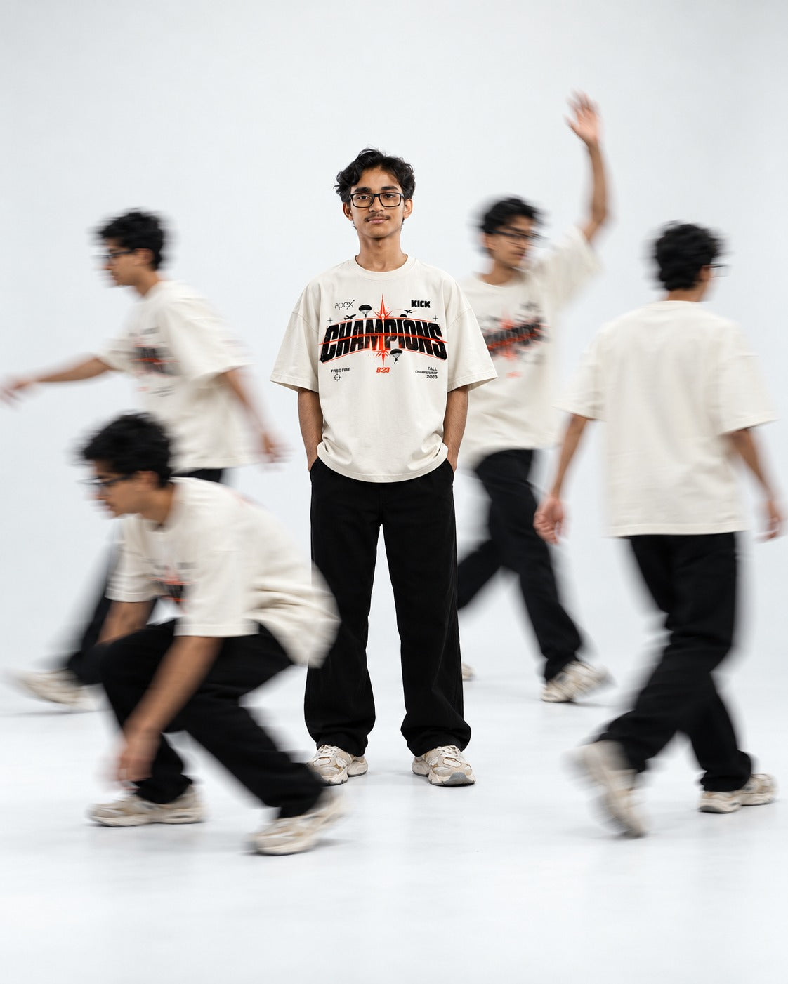 Group in Champions Tees, motion shot
